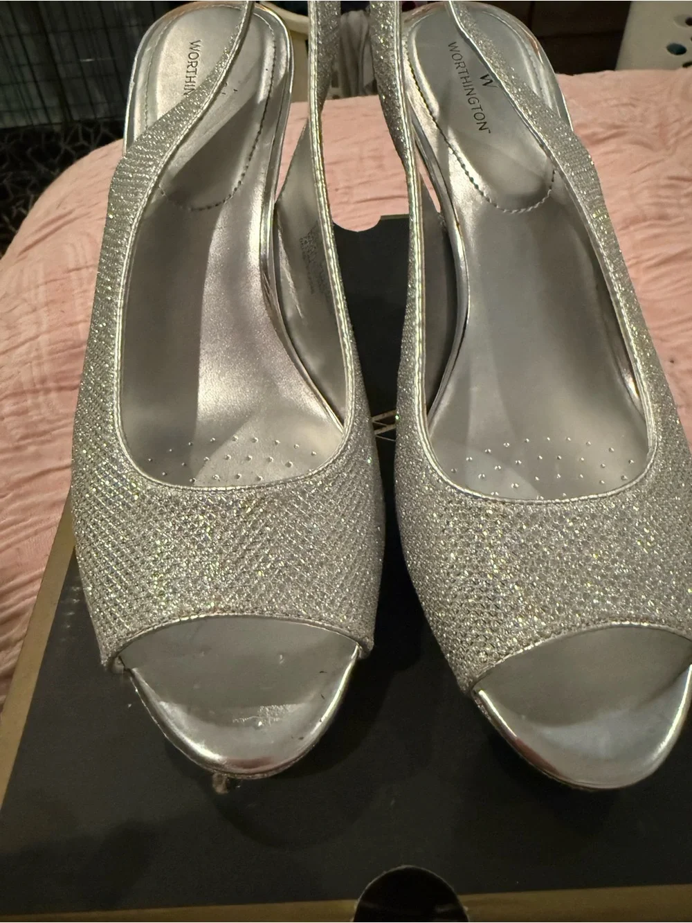 Worthington Silver Glitter Slingback Peep Toe Heels